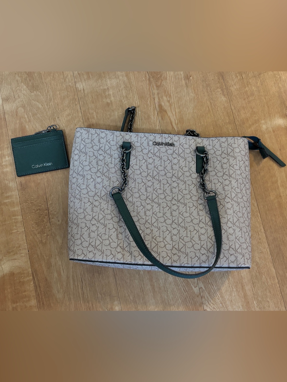Calvin Klein Beige Logo Tote with Green Trim